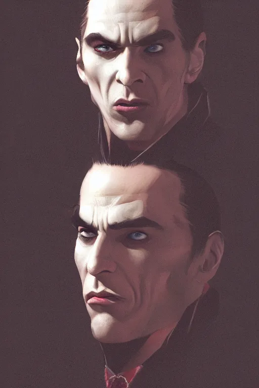 Image similar to portrait, count dracula 🧛‍♂️ , face portrait, raphael lacoste, eddie mendoza, alex ross, concept art, matte painting, highly detailed, rule of thirds, dynamic lighting, cinematic, detailed, denoised, centerd