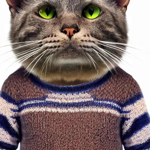 Prompt: a blue anthropomorphic cat wearing a brown sweater