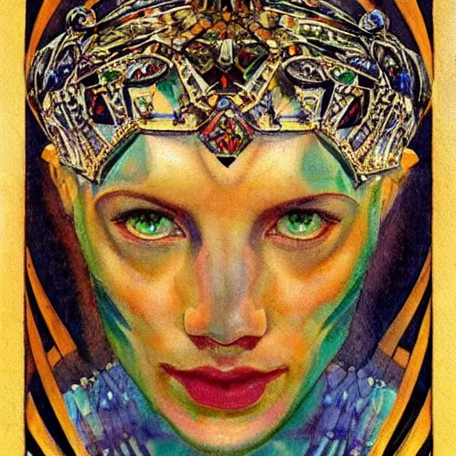 Prompt: the crystal crown, by Annie Swynnerton and Nicholas Roerich and Diego Rivera, tattooed bioluminescent skin, elaborate costume, geometric ornament, symbolist, Luis Royo, rich color, dramatic cinematic lighting, smooth, sharp focus, extremely detailed