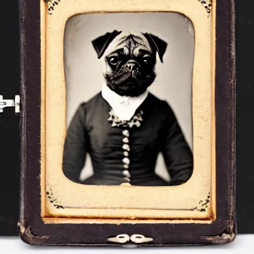 Prompt: daguerreotype portrait of a pug wearing a victorian dress