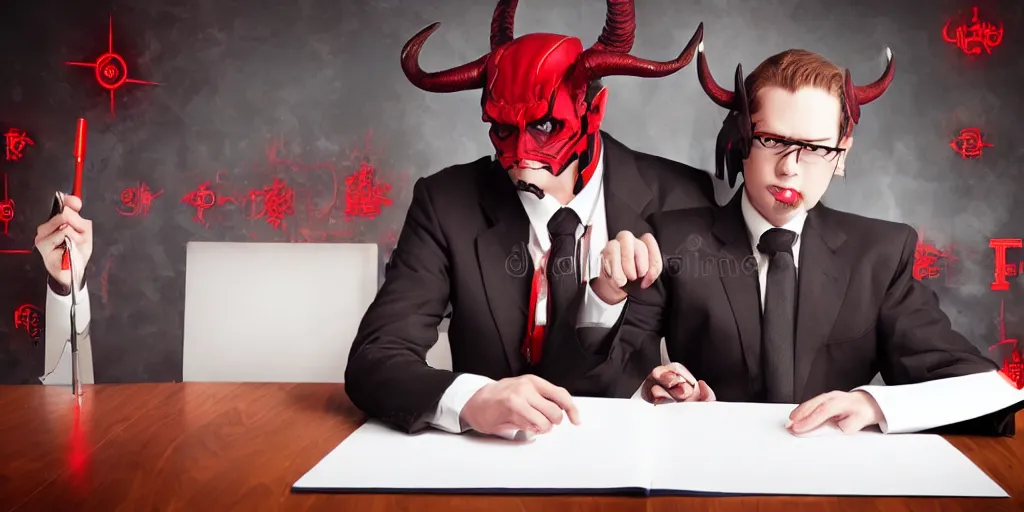 Image similar to dark lord sitting at desk large horns and suit, medium shot, portrait, semi realistic anime, red demon cyberpunk symbols