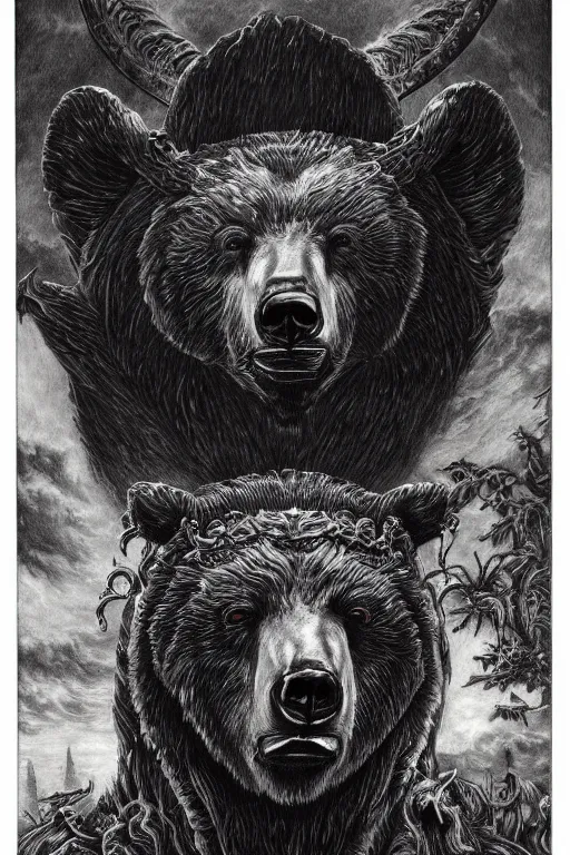 Image similar to sideview waist up portrait of bear baphomet made with porcelain by jeff easley and peter elson, beautiful eyes and face, symmetry face, galaxy, gothic, surreal, dread, highly detailed, intricate complexity, epic composition, magical atmosphere, masterpiece, award winning, trending on artstation