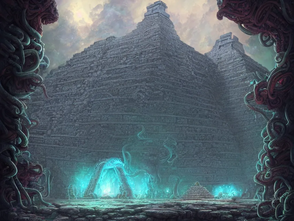 Prompt: A mysterious ancient Mayan temple with tentacles coming out of the massive entrance art by Jordan Grimmer and Tyler Edlin, ominous, cosmic horror, trending on artstation, Ultra detailed, hyper realistic, 4k