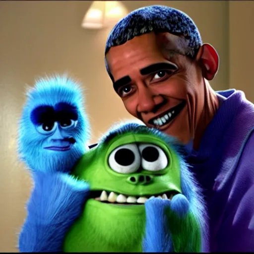 Prompt: Obama as a monster in the movie Monsters Inc::a kid is standing next to him::Happy and laughing