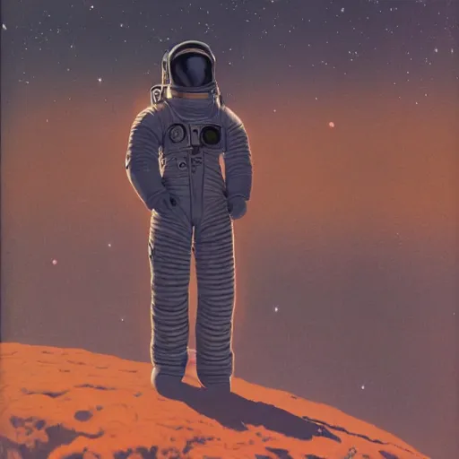 Prompt: an astronaut looking up towards the sky, wondering about others, nebula, chesley bonestell, lucien rudaux, rolf klep