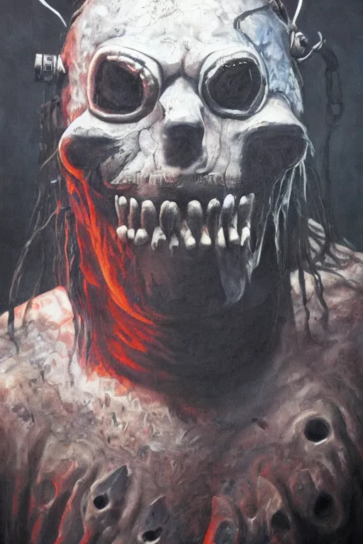 Prompt: a full body high detail fantasy portrait oil painting illustration of slipknot band in the torment nexus by justin sweet with face and body clearly visible, insane, visceral, realistic proportions, d & d, rpg, forgotten realms, artstation trending, high quality, sombre mood, artstation trending, muted colours, entire person visible!