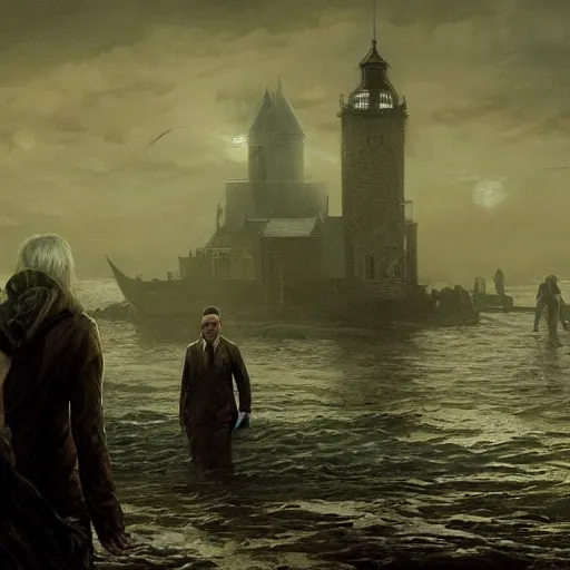 Image similar to shadow over innsmouth, people walking out of the water, painted by seb mckinnon, high detail, dramatic light, digital art, painted by greg rutkowski, promotional movie posterart, trending on artstation