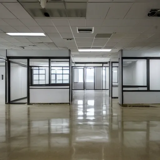 Prompt: an empty abandoned office building with fluorescent lighting, paper cluttered across the floor, endless rooms, liminal space, uneasy, flickering lights, scp, the backroom