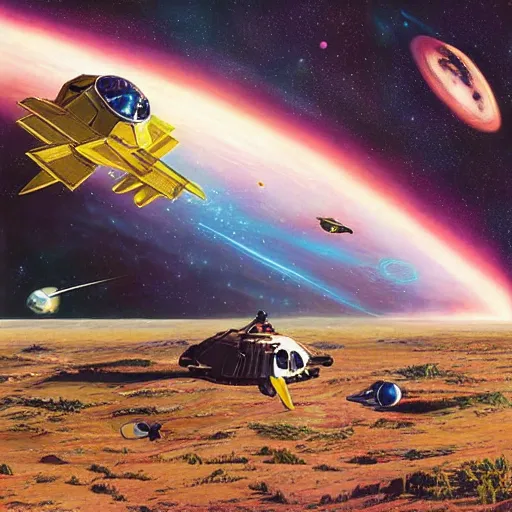 Prompt: a beautiful photograph of a space battle with wild, bright colors. by scott listfield accurate