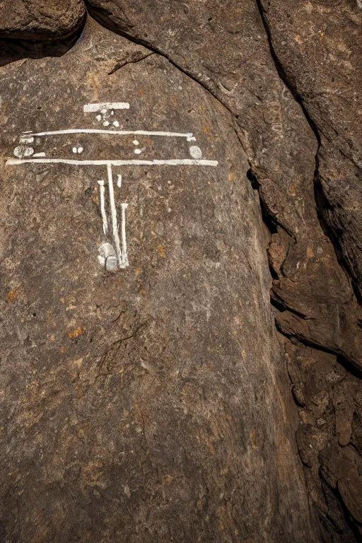 Image similar to 4 k photography of petroglyphs representing crosses, ufo and alien symbols on a cave