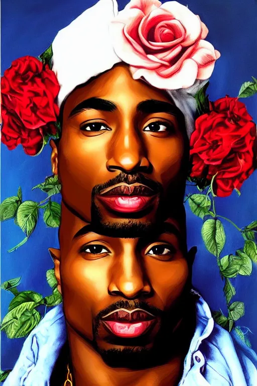 Image similar to Tupac, illustrated in whimsical style, portrait by Kehinde Wiley!!, roses, artgerm, loish, oil painting,