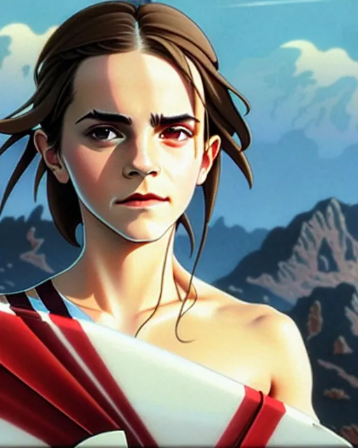 Image similar to emma watson as an azctec warrior, detailed perfect face, exquisite details, fire magic, mid view, design on a white background, by studio muti, greg rutkowski makoto shinkai takashi takeuchi studio ghibli