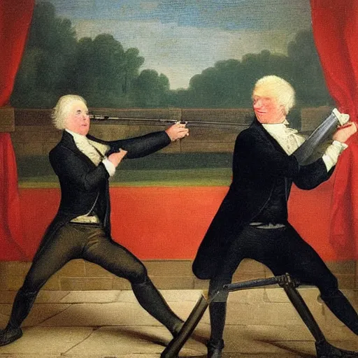 Prompt: Boris Johnson and Joe Biden in a duel, 1800s art