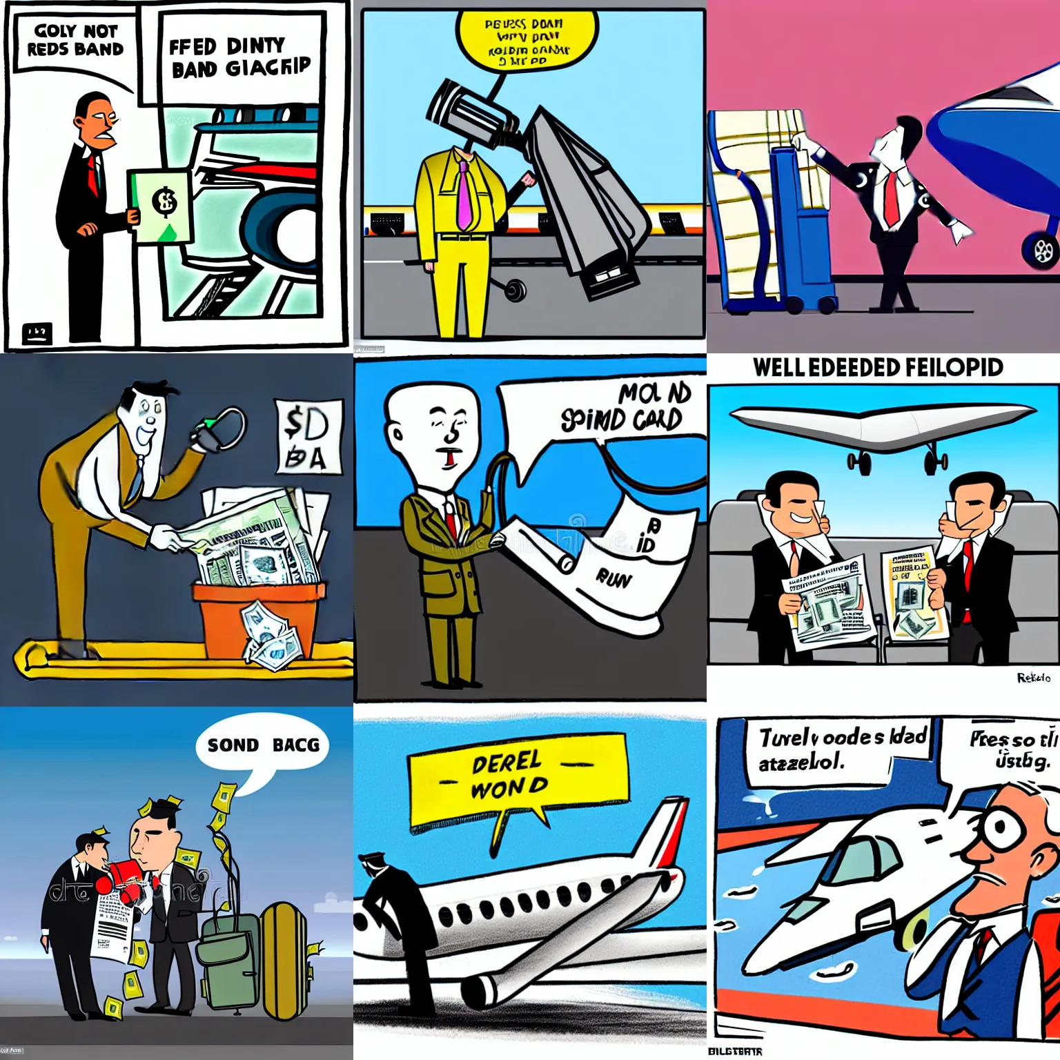 Prompt: well dressed refueling a plane with money, bags on ground, cartoon,newspaper illustration