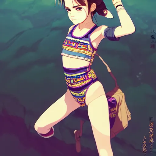 Image similar to a beautiful boyish emma watson alluring instagram model, wearing japanese hiphop aztec leotard outfit with mayan pattern and native style, aztec street fashion bathing suit, botw style, gapmoe yandere grimdark, trending on pixiv fanbox, painted by greg rutkowski makoto shinkai takashi takeuchi studio ghibli, akihiko yoshida