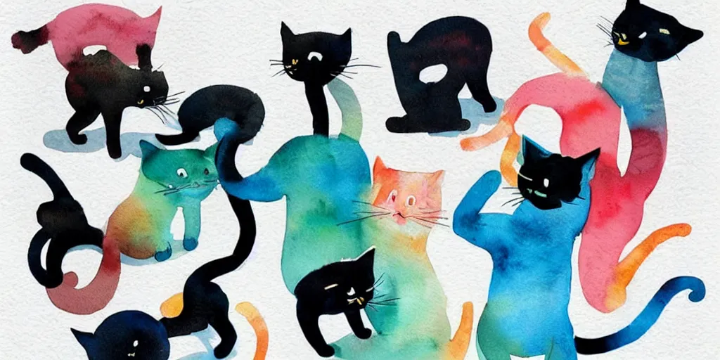 Image similar to watercolor illustration style, cute! cats! training in the fitness studio!