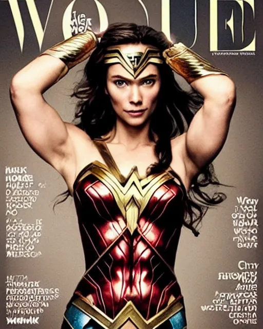 Prompt: chris hemsworth as wonderwoman, vogue cover photo