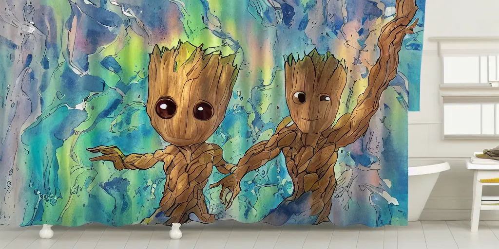 Image similar to shower curtain product catalog. wide - angle photo. on the curtain is a watercolor of the baby groot dancing. the water color has ink under drawing. wide - angle product photography of a shower curtain, product lighting. 4 k, highly detailed. saturated.