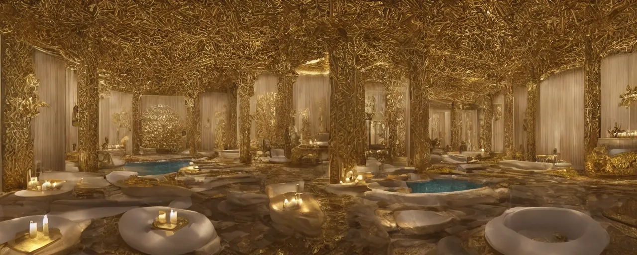 Image similar to interior of a 2 double height luxury spa with everything made of gold, candles, wellness pool, intricate detailed roof, contemporary design, sacred geometry, 8 k, hyperrealistic, photorealism,