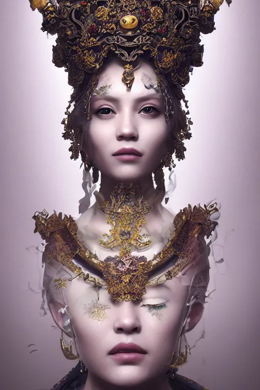 Image similar to a beautiful empress portrait, with a brilliant, impossible striking big organic matter subsurface scattering material headpiece, clothes entirely made out of organic subsurface scattering material, symmetrical, dramatic studio lighting, rococo, baroque, jewels, asian, hyperrealism, closeup, D&D, fantasy, intricate, elegant, highly detailed, digital painting, artstation, octane render, 8k, concept art, matte, sharp focus, illustration, art by Artgerm and Greg Rutkowski and Alphonse Mucha