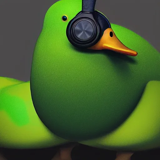 Prompt: a high quality photo of a green duck wearing headphones, realism, 8k