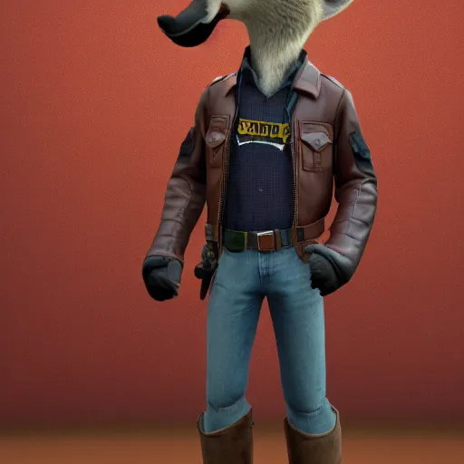 Prompt: full body, 3d render , anthropomorphic wolf male , wearing along brown leather jacket , in the style of Zootopia