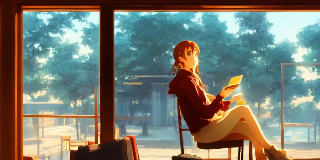 Image similar to Girl reading in a window seat in a coffee shop at sunset cinematic lighting, style by Makoto Shinkai