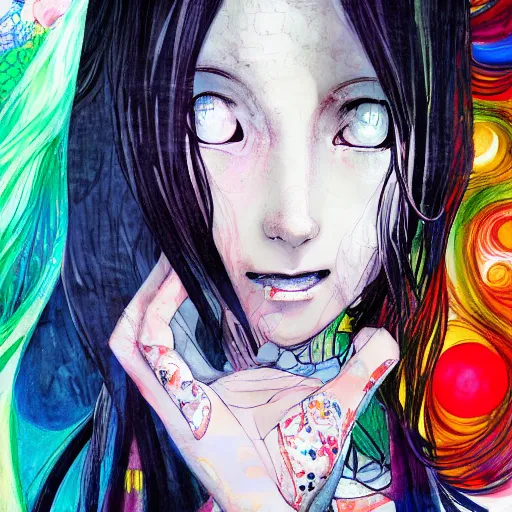 Prompt: yoshitaka amano realistic illustration of an anime girl with black eyes and long wavy white hair wearing dress suit with tie and surrounded by abstract junji ito style patterns in the background, complementary colors, blurry and dreamy illustration, noisy film grain effect, highly detailed, oil painting with expressive brush strokes, weird portrait angle