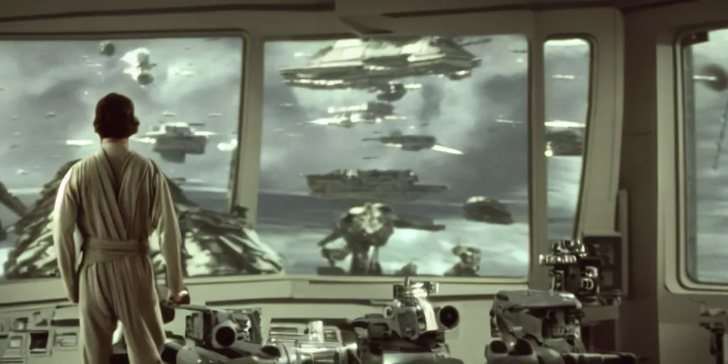 Prompt: a still from a film of a naval officer standing, back turned, in front of a large window with a live action Star Wars space battle, 35mm, directed by George Lucas, miniatures, ILM