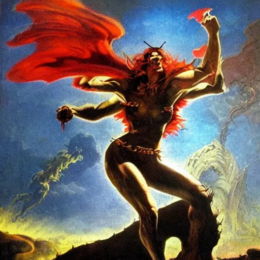 Image similar to azure dusk poison is the cure lie covenant eerie intercession, in the style of Frank Frazetta, Jeff Easley, Caravaggio, extremely clear faces coherent, clear lines, 8K revolution