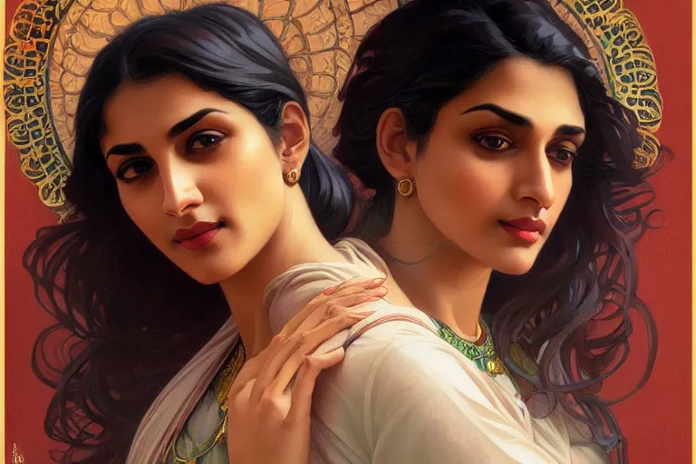 Image similar to sensual pale beautiful indian doctor in jeans, art deco portrait, elegant, intricate, digital painting, artstation, concept art, smooth, sharp focus, illustration, art by artgerm and greg rutkowski and alphonse mucha