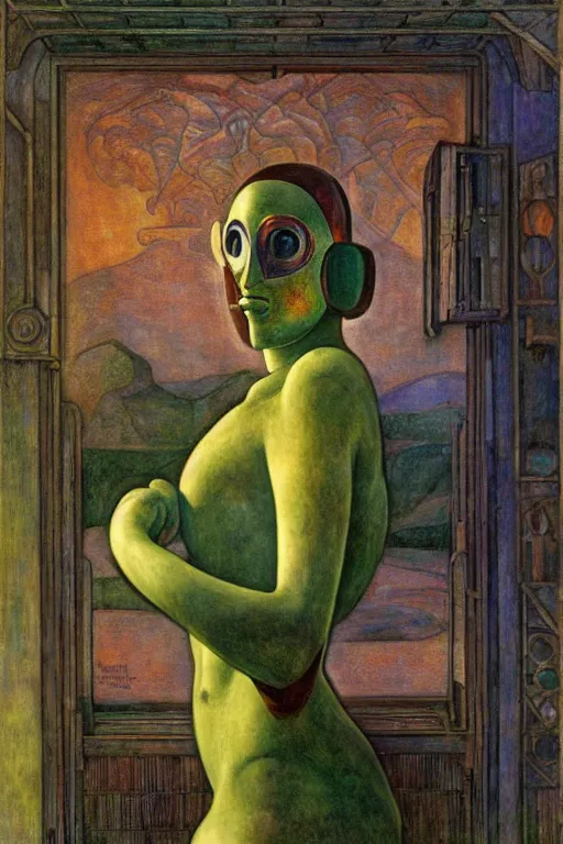 Prompt: the queen in her robot mask stands by the window, by Annie Swynnerton and Diego Rivera and Elihu Vedder, symbolist, dramatic lighting, night time, elaborate geometric ornament, Art Brut, soft blues and greens,smooth, sharp focus, extremely detailed, Adolf Wölfli and (Evelyn De Morgan)