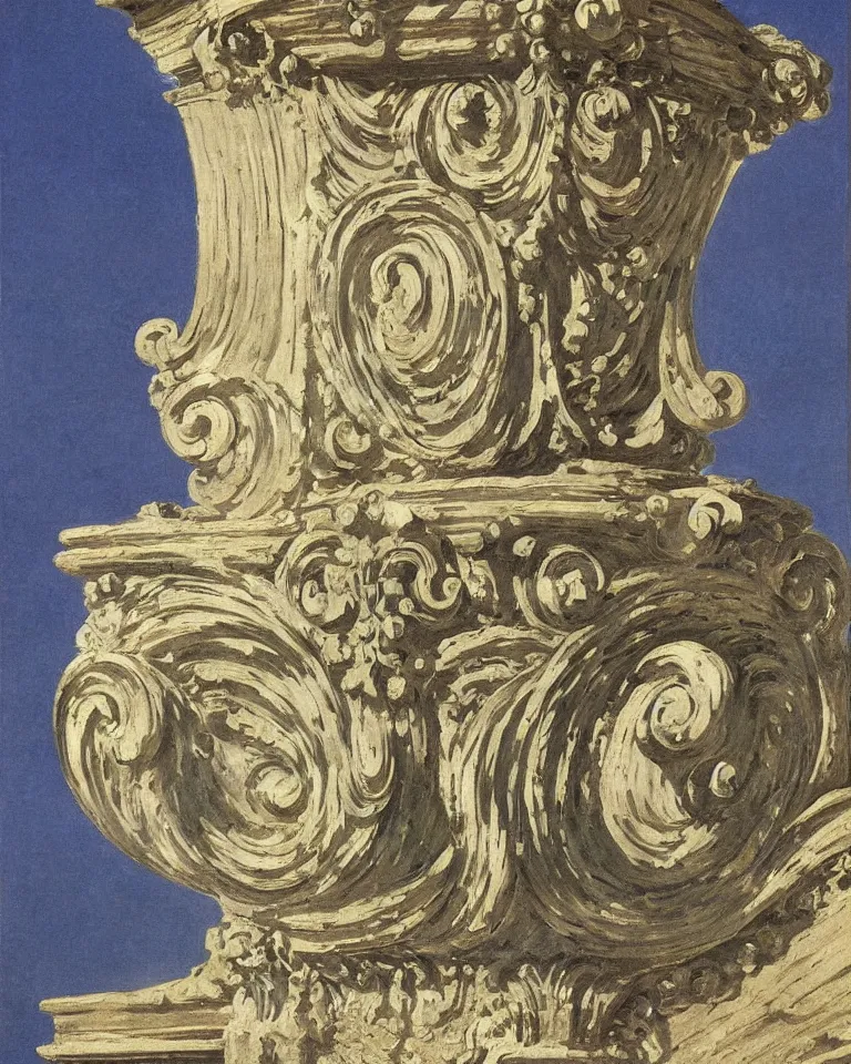 Image similar to achingly beautiful painting of intricate ancient roman corinthian capital on sapphire background by rene magritte, monet, and turner. giovanni battista piranesi.