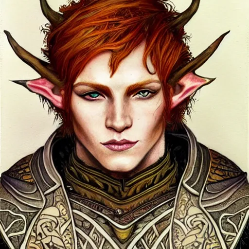 Prompt: portrait painting of an elven young man with short ginger hair and tribal tattoos on his cheeks wearing fur armor, sharp focus, award - winning, trending on artstation, masterpiece, highly detailed, intricate. art by rebecca guay