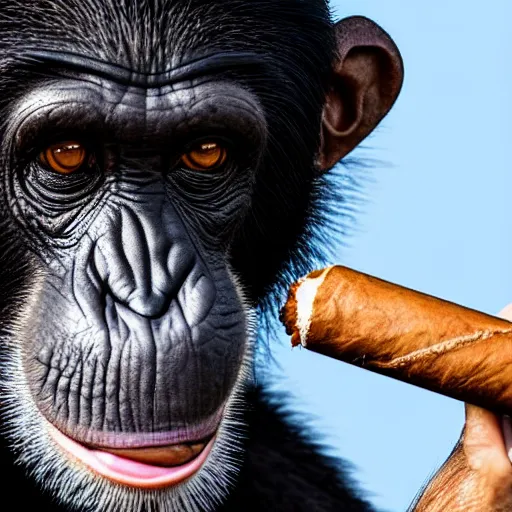 Image similar to a high detail closeup shot of a chimp wearing a suit and smoking a cigar