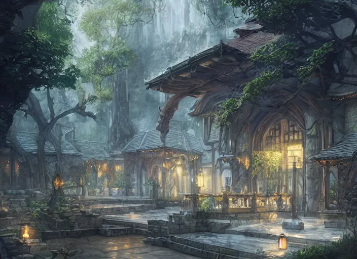 Image similar to A tavern inside a beautiful elven city made of white marble, anime, lush trees, fountain, a fantasy digital painting by Greg Rutkowski and James Gurney, trending on Artstation, highly detailed