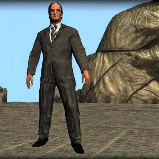 Image similar to saul goodman visits cyrodiil, oblivion, highly detailed, realistic, elder scrolls, adventuring gear, business suit