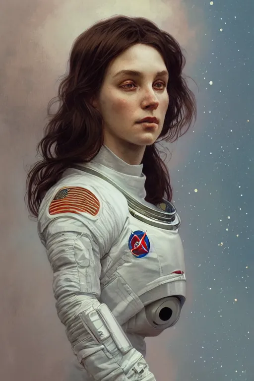 Image similar to A full portrait of a 2001 Space Odyssey Astronaut, intricate, elegant, highly detailed, digital painting, artstation, concept art, smooth, sharp focus, illustration, art by Krenz Cushart and Artem Demura and alphonse mucha