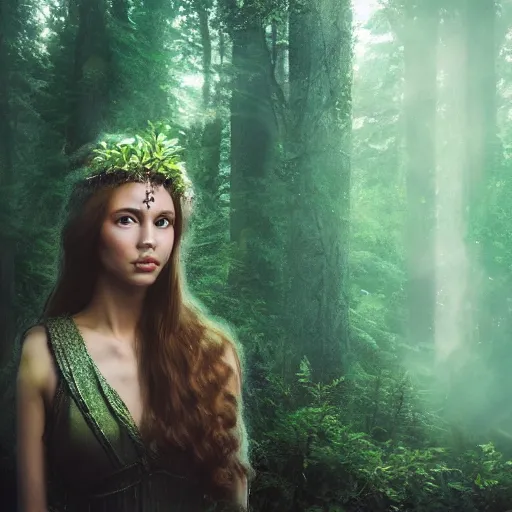 Image similar to goddess of the forest. fantasy. ultra realistic portrait of the women. forest. volumetric lighting. nature. haze. epic. cinema.