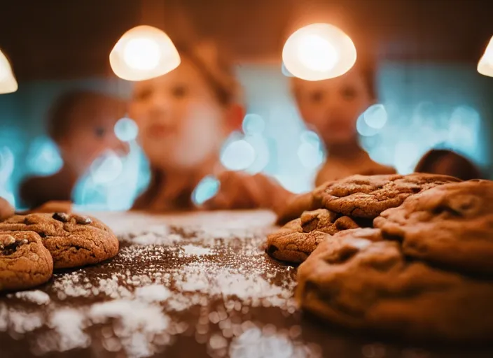 Image similar to a 3 5 mm photo from the back of a family making cookies, splash art, movie still, bokeh, canon 5 0 mm, cinematic lighting, dramatic, film, photography, golden hour, depth of field, award - winning, anamorphic lens flare, 8 k, hyper detailed, 3 5 mm film grain
