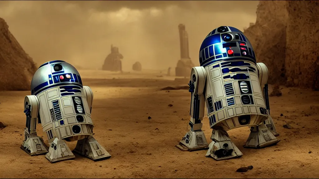 Image similar to r 2 d 2 in the style of an eldritch horror with mechanical tentacles, film still from the movie directed by denis villeneuve with art direction by salvador dali, wide lens