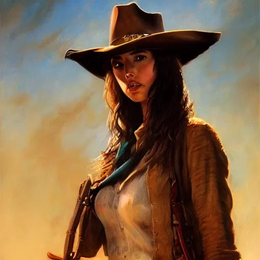 Image similar to ultra realistic portrait painting of ana de armas as a western outlaw, art by frank frazetta, 4 k, ultra realistic, highly detailed, epic lighting