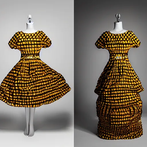 Image similar to a beautiful dress made of a bee hive, on a mannequin. high resolution, studio lighting