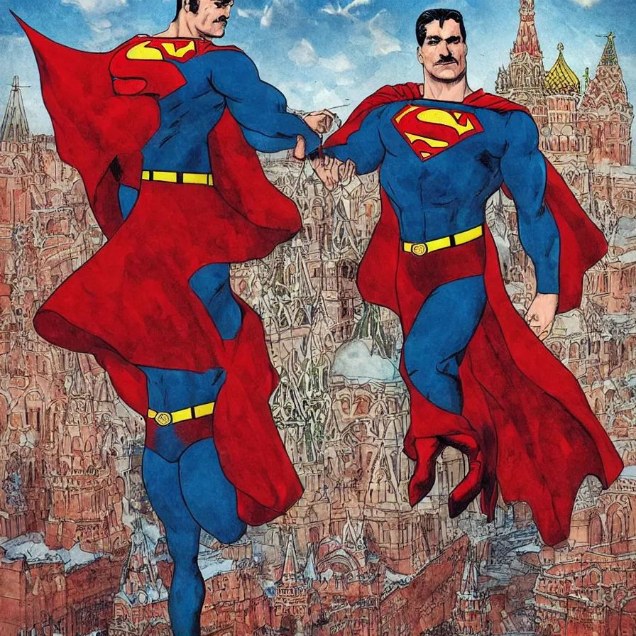 Image similar to epic comic book cover of stalin as superman floating over the red square ( moscow ), sunny clear sky, socialist realism, aesthetically pleasing, finely detailed facial features, hyperrealist, intricate digital art, trending artstation, artgem, rich moody colors, fan art, concept art, in the style of the red son, by cory walker and ryan ottley