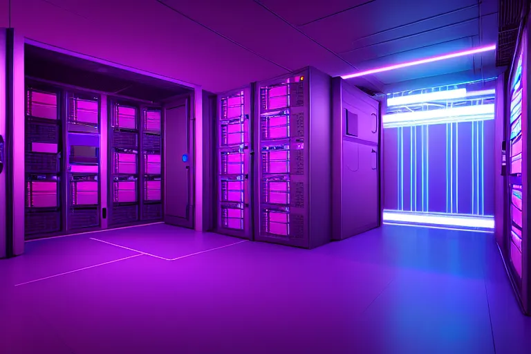 Prompt: realistic robot in a data server room, neon and dark, purple and blue color scheme, by dan mumford and malevich, beeple, fusion 3 d art