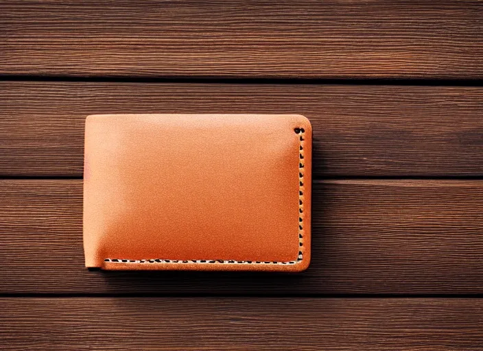 Image similar to clear highly detailed photorealistic topdown mockup product photograph of a realistic wallet on a wooden background