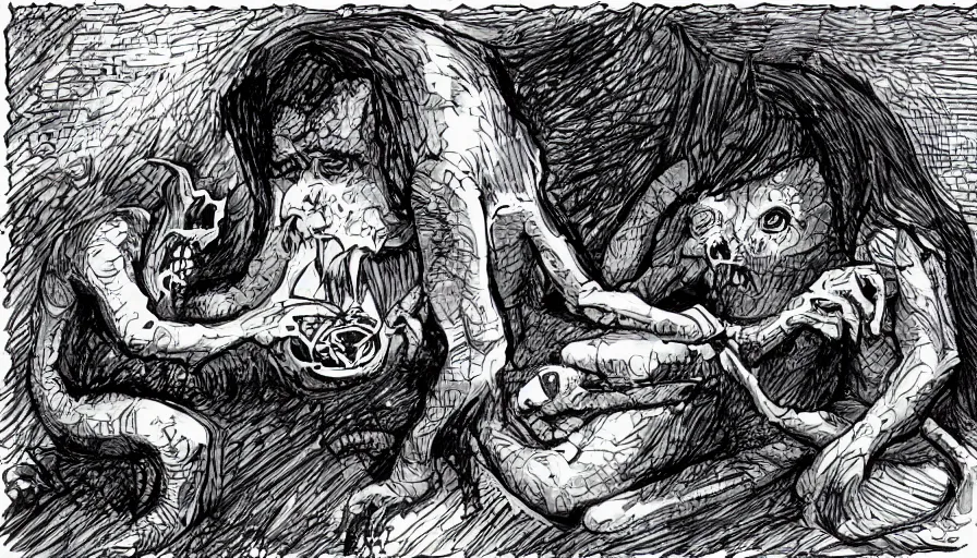 Prompt: a lovecraftian monster eat a human for lunch