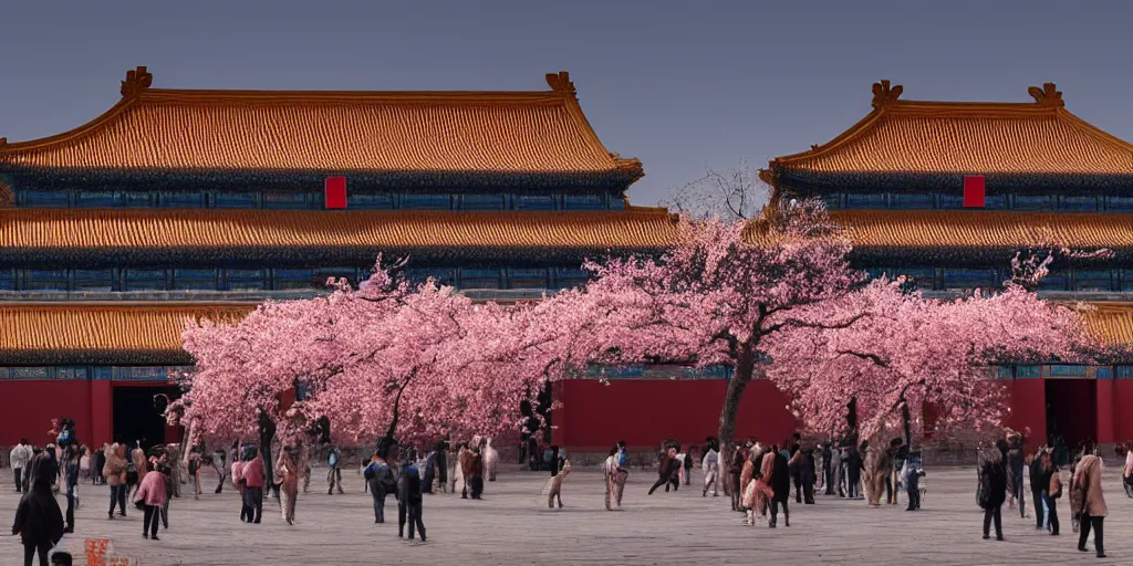 Image similar to spring in the forbidden city, peach blossom, prometheus film style, realistic, cinematic, trending on artstation, 8 k,