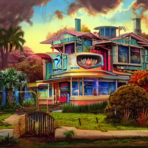 Image similar to 5 0 s tract home suburb on ancient post - apocalyptic planet, jim henson creature shop, vivid and colorful, thomas kincaid, cinematic, oil painting, highly detailed, illustration