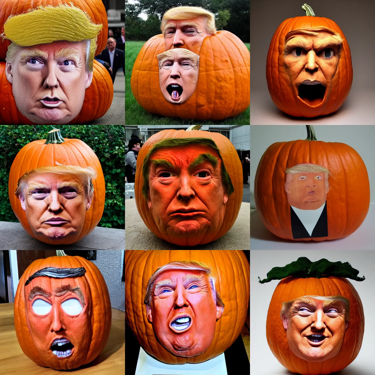 Prompt: donald trump face inside a pumpkin, pumpkin hair, pumpkin head, face, pumpkin